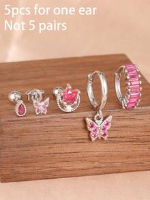 5PCS Luxury Rose Red Butterfly Zirconia Dangle Earrings Sets For Women Stainless Steel Star Moon Fashion Aesthetic Jewelry - 5PCS-silver - View 3
