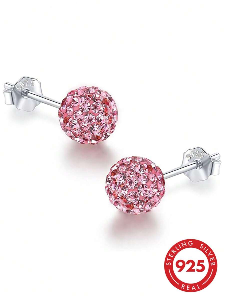 1 Pair 925 Sterling Silver Shiny Ball Stud Earrings, 8mm, Suitable For Daily Wear - Baby Pink - View 1