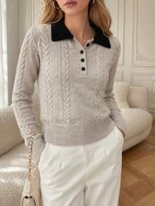 Women's Polo Collar Half-Button Cable Knit Sweater, Vintage Slim Fit Cropped Long Sleeve Preppy Commuter Inner Layer Top - Apricot Color - View 3