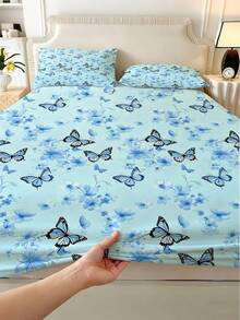 1PC Colorful Floral And Butterfly Pattern Fitted Mattress Protector (Fitted Sheet Only, No Pillowcase), Soft And Comfortable 100% Polyester Fabric, Suitable For Bedroom, Guest Room, School Dorm Bedding, Available Sizes: King, Queen, Full, Twin. Easy To Remove And Machine Washable All-Season Mattress Protector. Modern Minimalist Washable Home Bedding - Multicolor - View 6