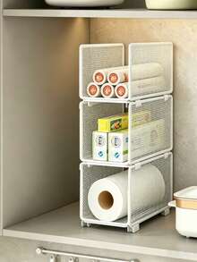 1pc Large Capacity Stackable Coated Metal Storage Rack, Rust-Proof Ventilated No-Assembly Storage Shelf, White Rectangular Mesh Divider Rack, Kitchen Pantry Cabinet Vertical Organizer, Suitable For Housewarming Gift, Daily Home Use, All Seasons - View 6