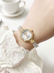 1 pièce Bracelet montre vintage or et perles pour femmes, convient pour un port quotidien - Doré - Voir 6
