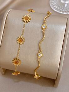 1Pc/Set Golden Stainless Steel Flower Sun Tiger Eye Bead Bracelet + Wavy Zirconia Stackable Chain For Women,Daily/Boho/Party,Mom Gift,Valentine Birthday - Multicolor - View 1