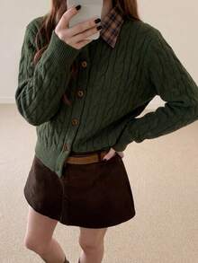 Women's Casual Retro Cable Knit Collared Cardigan Sweater Jacket, Autumn/Winter Fall - Green - View 5