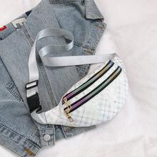 Korean Style Plaid Casual Waist Bag, Women's Wide Strap Versatile One Shoulder Small Bag, Sports Travel Portable Storage Chest Bag - A - View 12