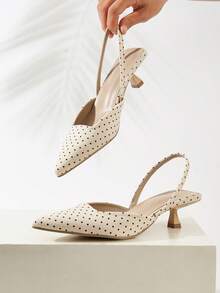 Women's Polka Dot Kitten Heel Shoes, Elegant Pointed Toe High Heels, Fashion Ankle Strap Open Back High Heels (Random Cut) - Apricot - View 6