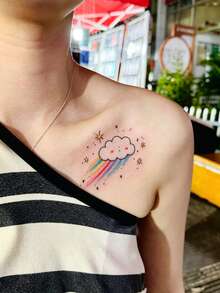 1件裝可愛卡通雲朵彩虹流星夜空圖案臨時紋身貼紙，逼真紋身設計，適合日常佩戴、單身派對伴手禮、音樂節、遊戲、畢業禮物，可維持3-5天 - 彩色 - 查看 5