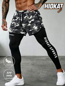 Hidkat Men's Camouflage 2-In-1 Faux Layered Sports Long Pants With Drawstring Waist And Hidden Pockets, Suitable For Outdoor Fitness, Running And Casual Wear - Grey - View 2