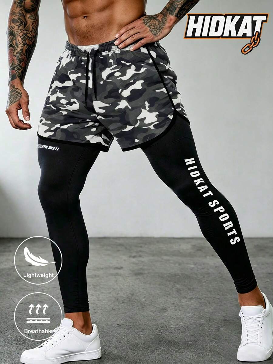 Hidkat Men's Camouflage 2-In-1 Faux Layered Sports Long Pants With Drawstring Waist And Hidden Pockets, Suitable For Outdoor Fitness, Running And Casual Wear