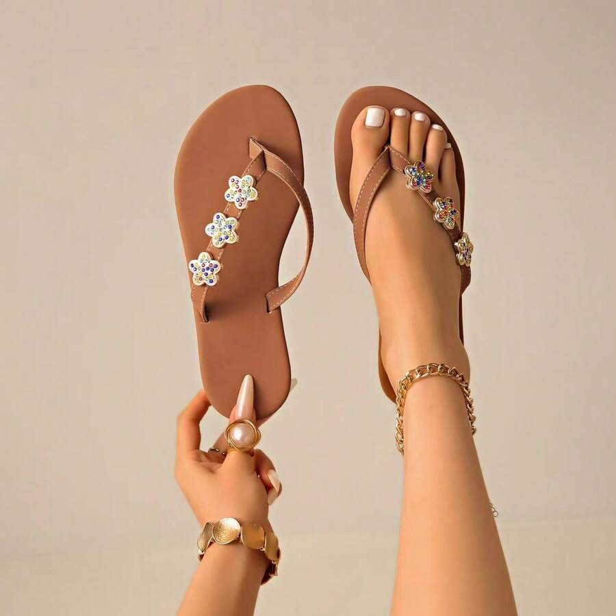 Women's Beach Vacation Fashion Sexy Rhinestone Flat Flip Flops Random Print Sexy Fashion Rhinestone Outdoor Summer