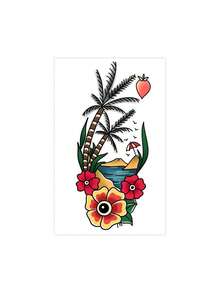 1 Sheet Men's Old School Tropical Beach Temporary Tattoo Stickers, Color Palm Tree Hibiscus Ocean Island Peach Retro Traditional Waterproof Large Body Stickers For Arm Chest Rib Shoulder Decor - Multicolor - View 3
