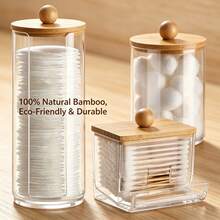 Tbestmax 10 Oz Cotton Swab/Ball/Pad Holder With Vanity Tray, Qtip Apothecary Jar, Bathroom Containers Dispenser Storage 3 Pack Wood Lids - 3pcs(竹蓋高罐) - 查看 4