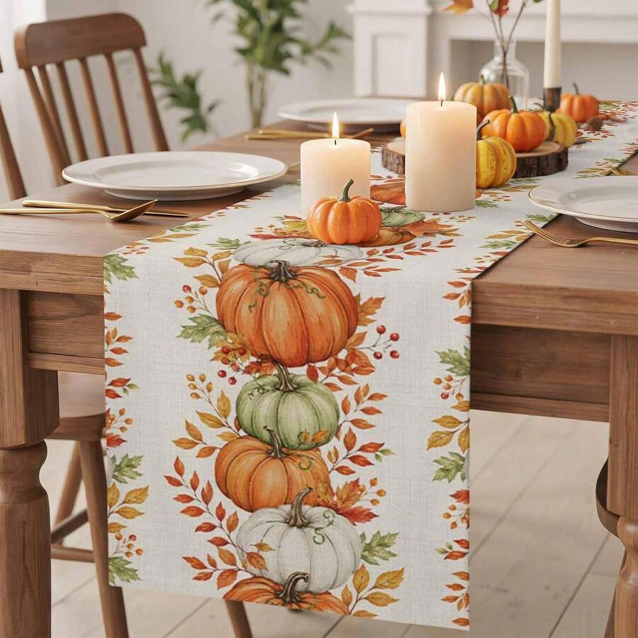 Fall Thanksgiving Pumpkin Maple Leaf Table Runner Party Decor Reusable Kitchen Dining Table Runner For Dresser Scarves,Wedding Holiday, Coffee Table,Autumn Decorations - Multicolor - View 1