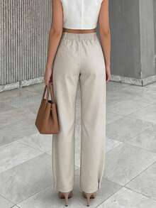 Pantalon long décontracté pour femmes LIly House, pantalon court taille haute plissé fuselé beige, élégant décontracté pour l'été, le bureau, les déplacements et les sorties en plein air - Couleur abricot pâle - Voir 2