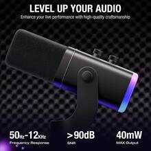 XLR/USB 動圈麥克風，適合直播與遊戲，附 RGB 燈效、靜音按鈕、耳機插孔、桌面支架，理想的 PC 麥克風，適用於播客、唱歌、錄音 - 查看 7