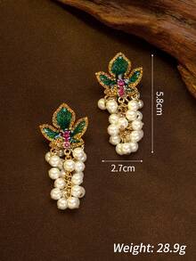 1 Pair French Vintage Enamel Green Leaf Pearl Grape Tassel Earrings, Luxury Colorful Rhinestone Long Dangle Earrings, European Court Style Banquet Dress Accessory - Multicolor - View 2