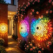 1pc Solar Mandala Garden Light, Colorful Projection LED Wall Lamp, Waterproof Outdoor Fence Decoration, Automatic Dusk To Dawn Patio Yard Stair Landscape Lighting, Bohemian Style Outdoor Decor, Christmas, Halloween And Holiday Gift - Colored Light Mandala - View 2