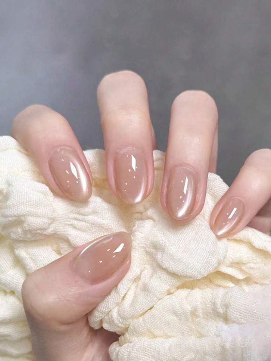 Instant Style Upgrade! 24pcs Short Oval Nude Crystal Cat Eye Nail Stickers Set, Acrylic Material, Includes 1pc Jelly Glue And 1pc Nail File - 彩色 - 查看 1
