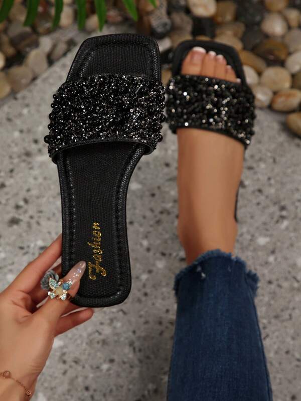 Women's Summer Pearl Sandals, Non-Slip Home Slippers, Holiday Essential, Beach Shoes, Holiday, Black, Flat, Girls Apartment Shoes, Gold Sandals