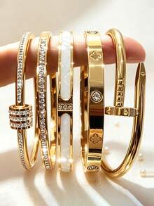New Fashion Stainless Steel Layered Bracelet Set, 18K Gold Plated Stainless Steel Women's Bracelet, Shell & Clover Bracelet, Waterproof, Hypoallergenic, Non-Fading, Perfect Gift For Festivals, Parties And Daily Wear - Gold - View 1