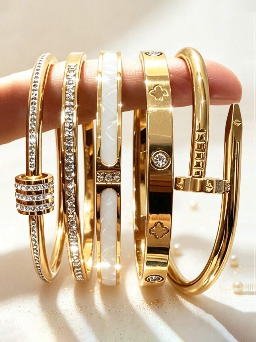 New Fashion Stainless Steel Layered Bracelet Set, 18K Gold Plated Stainless Steel Women's Bracelet, Shell & Clover Bracelet, Waterproof, Hypoallergenic, Non-Fading, Perfect Gift For Festivals, Parties And Daily Wear - Gold - View 1