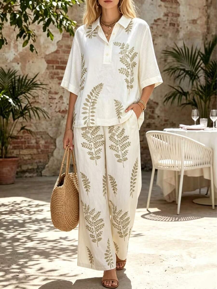 Women's Casual Bohemian Style 2-Piece Set, Floral Print Top Paired With Wide Leg Pants, Button Shirt Collar Summer Outfit - Apricot - View 1