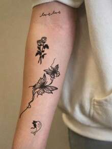 1 Sheet Men's Mixed Black Line Temporary Tattoo Stickers, Butterfly Rose Bow Kitten Inspirational Cursive Quote Waterproof Small Body Stickers For Wrist Finger Neck Rib Decor - Black - View 2