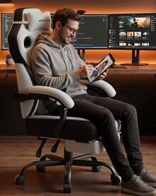 Fabric Gaming Chair With Footrest, Ergonomic Computer Desk Chair With Pocket Spring Cushion Home Office High Back Support Lumbar Support Heavy Duty Wide - White - View 5