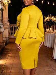 AOMEI Elegant Sophisticated Noble Plus Size Women Yellow V Neck Long Sleeve Ruffle 3D Floral Mid-Length Bodycon Dress Birthday Party Wedding Guest For - Ginger - View 4