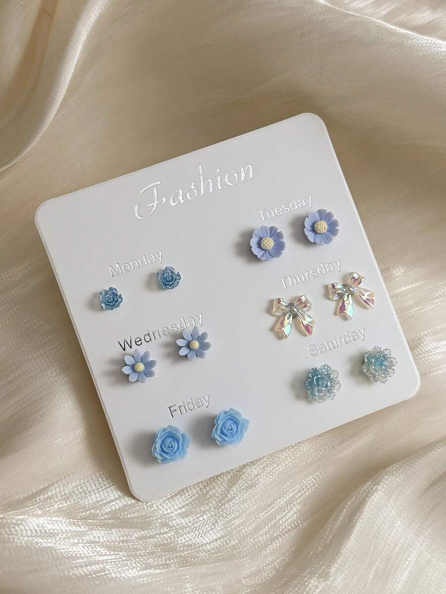 1 Set 6 Pairs Fashionable Cute Unique Floral Colorful Bow Stud Earrings Set For Women, Suitable For Casual, Vacation, Outing, Exquisite Jewelry Holiday Gift - Baby Blue - View 1