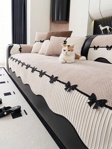 SANMOSPIN 1PC Irregular Chenille Sofa Cushion, Black Bow Decoration On Hem, All-Season Sofa Cover, Anti-Cat Scratch, Pet-Friendly, Soft And Comfortable, Suitable For 1/2/3/4 Seater, Living Room, Bedroom, Home Decor For Various Occasions - Beige - View 3
