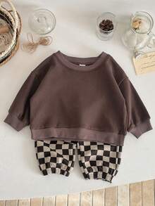 2pcs/Set Baby Boy Casual Solid Color Crew Neck Long Sleeve Sweatshirt And Checkerboard Long Pants, Spring/Autumn - Brown - View 13