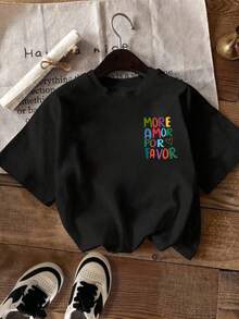 Women's Print T Shirt:The Front And Back Are Printed With Dopamine-Colored Letters And Heart-Shaped Patterns,Round-Neck Short-Sleeve Shirt Suitable Fo - 黑色 - 查看 3