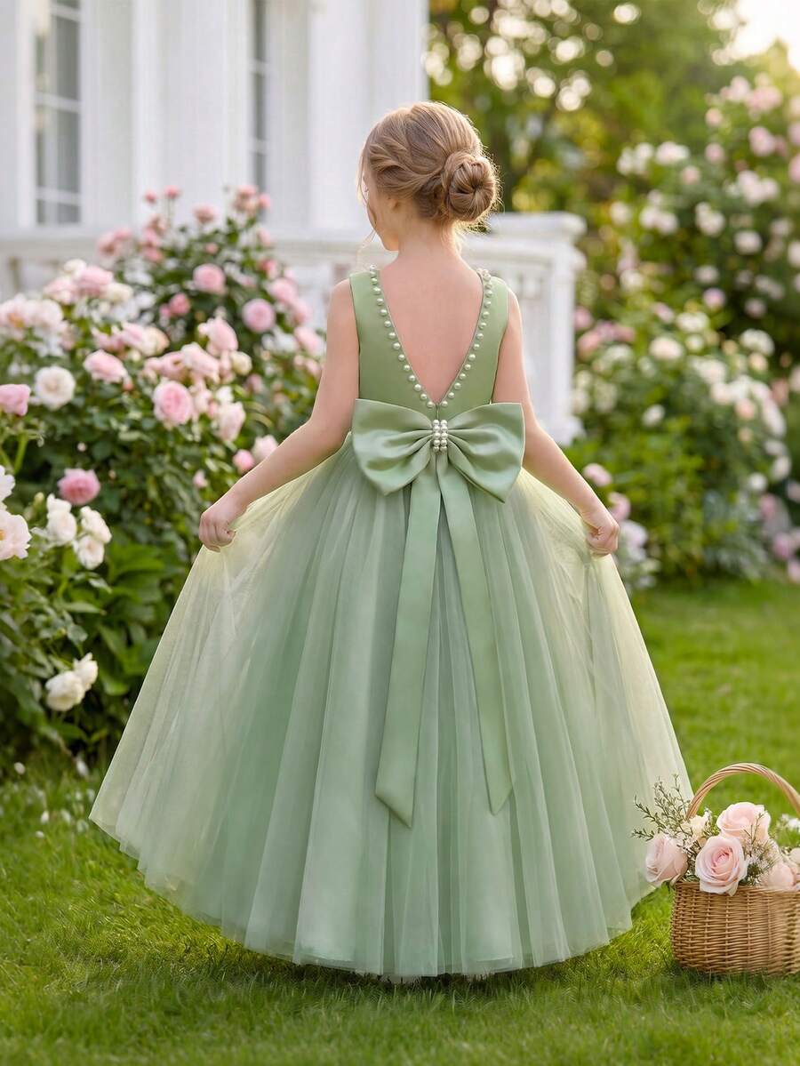 Tween Girl Beaded 3D Bow Party Elegant Princess Dress Champagne Color Elegant Dress Suitable For Girls Birthday Party Teen Evening Party Ball Gown Flower Girl Wedding Bridesmaid Wedding Dress