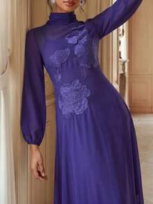 Savoree Women's Floral Applique Turtleneck Elegant Long Sleeve Dress - Purple - View 5