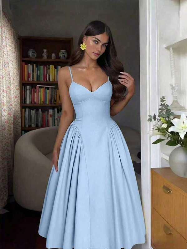 Vestido de verano con tirantes finos, elegante, de unicolor, con pliegues en el busto, sexy y elegante para vacaciones, bodas y fiestas