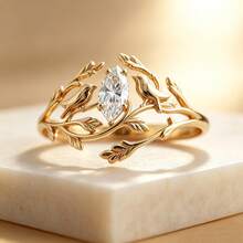 Anillo Creativo de Rama Ancha & Pájaro, Chapado en Oro de 18K, Anillo de Estilo Pastoral para Mujer, Joyería de Fiesta Nocturna con Circonita en Forma de Pera - Dorado - Ver 4