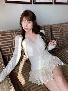 女士镂空钩针编织开衫 - 米白 - 查看 7