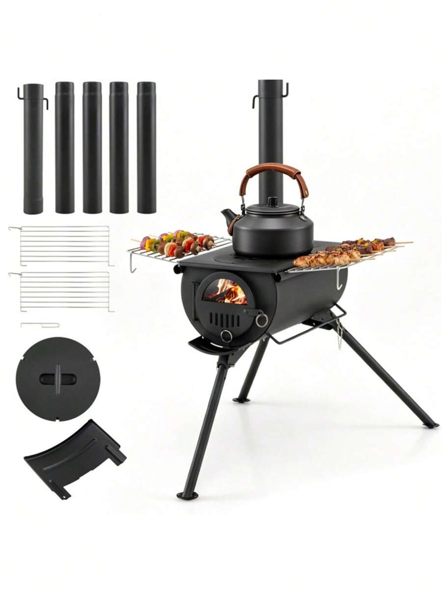 Portable Foldable Wood Burning Tent Stove With 5 Sections Chimney Heavy Duty Carbon Steel Camping Stove With View Window And Cooking Racks For Outdoor Hunting Camping - as Pic - View 1