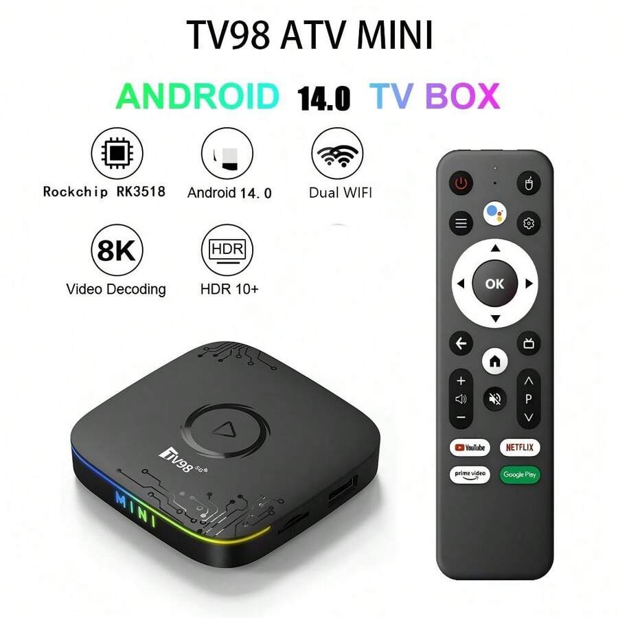 Q96 OHP Mini TV Box HD 4K Android 14 Dual WiFi 4G 5G Set-Top Box RK3518 64G Voice Remote Control Smart Media Player IPTV - Black - View 1
