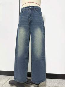 1 buah Celana Jeans Pria Model Longgar Kaki Lebar Gaya Vintage, Tidak Melar, Cocok untuk Pakaian Kasual & Kerja - Biru - View 9
