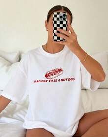 Pure Cotton Loose-Fit Graphic T-Shirt, "Vintage Hot Dog" Print, Women's Summer Clothing, Vacation And Beachwear, Y2K Streetwear Style. - White - View 1