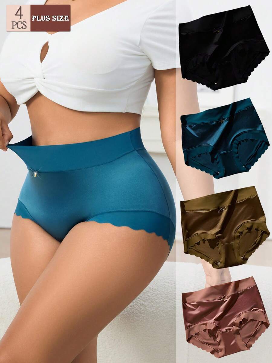 4pcs/Pack Plus Size Women Seamless Solid Color Satin Bow Ruffle Waist Lifting Triangle Panties - Multicolor - View 1