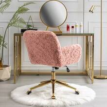 Dressing Chair In Fluffy Faux Rabbit Fur, Purple, Height Adjustable, 360° Swivel, With Armrests, Gold Metal Caster Base, Comfortable, Ideal For Bedroom Or Office, DE1831VT - 粉色 - 查看 9