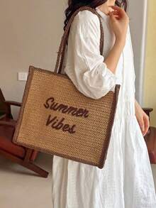 Straw Woven Large Capacity Tote Bag With Front Embroidery Decoration, Wooden Bead Tassel Charm, Thick Braided Handle, Sturdy And Durable, Loose Body Can Store Beach Supplies, Books, Shopping Items. Suitable For Students, Teachers, Moms For Beach Vacation, Picnic, Daily Casual Wear. - View 2