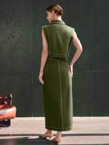 Women's New Hollow Out Sleeveless Collared Shirt And Mid-Length Skirt Fashion Two Pieces Set, Suitable For Work, Outings, And Vacation Wear - Olive Green - View 4