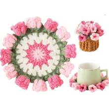 2件手工鉤編鬱金香花束杯墊，附花籃鬱金香花束杯墊，隔熱墊，桌面裝飾，節日禮物，獨特創意，適合居家裝飾和情人節裝飾 - 彩色 - 查看 8