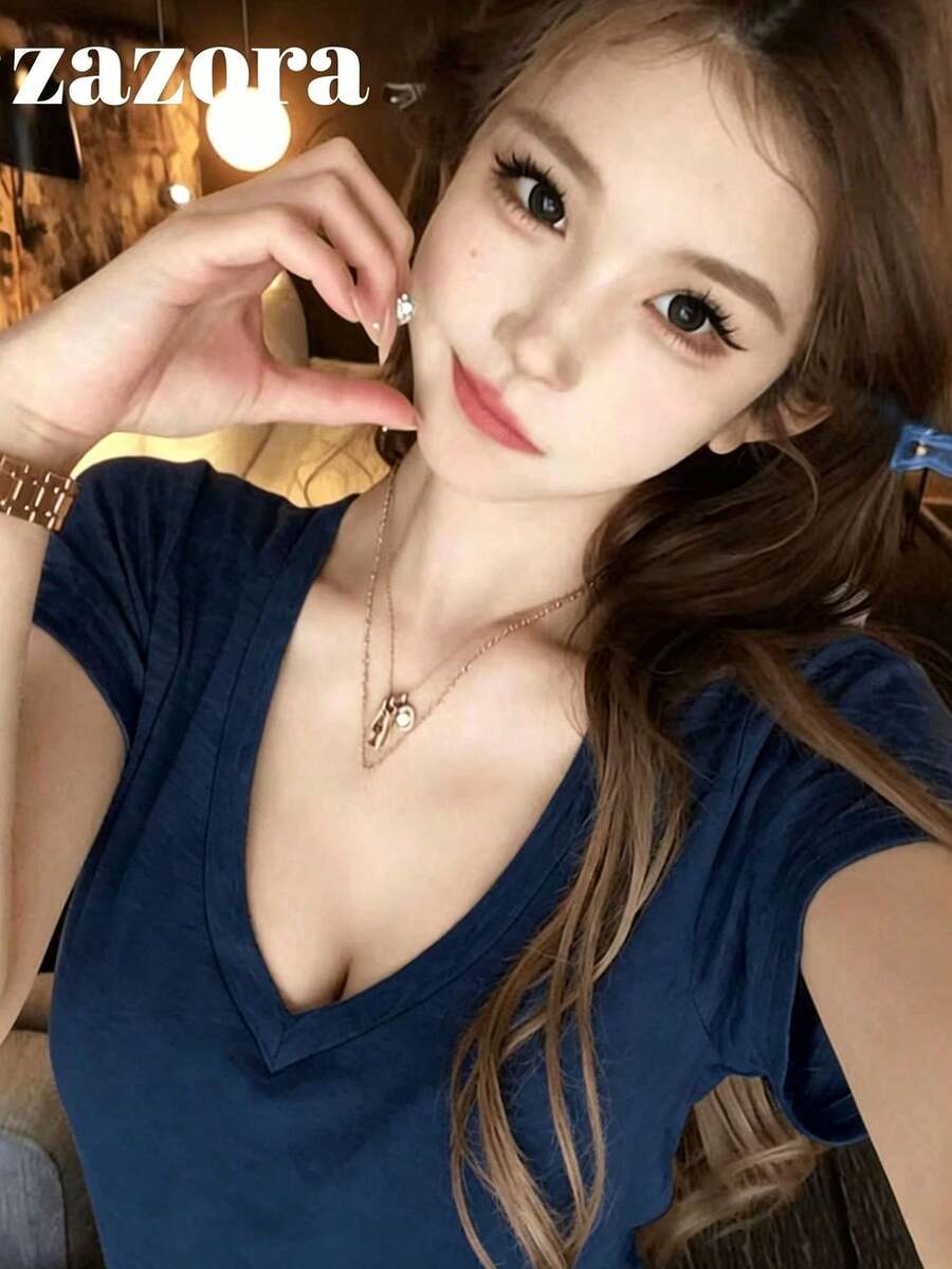 Navy Blue V-Neck Slim Fit Short Sleeve T-Shirt, Korean Style Sexy Slimming Versatile Top - Navy Blue - View 1