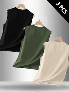3pcs/Pack Kaos Tanpa Lengan Kasual Leher Bulat Motif Musim Panas Pria - MultiWarna - View 2