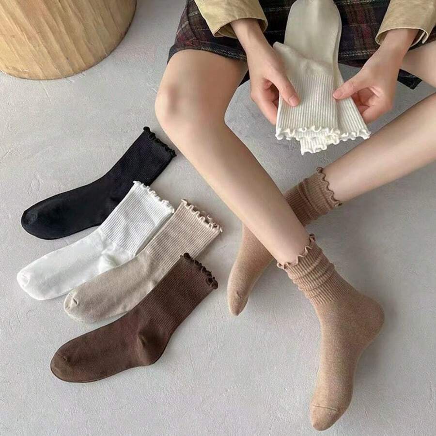 1/3/5/6/8/10/20 Pairs Women's Solid Color Ruffle Edge Minimalist Fashion Versatile Comfortable Soft Socks, Suitable For Daily Wear, With Ruffle Edge, Suitable For Spring, Autumn, Winter, Beautiful Charming Cute, Suitable As Gifts For Students And Friends - Multicolor - View 1